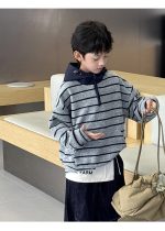 【100-160】パーカー 男の子 ボーダー柄 ゆったり カジュアル