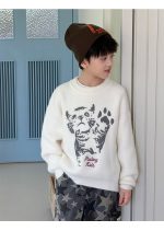 【100-160】ニットセーター 男の子 韓国風 ねこモチーフ ふんわり