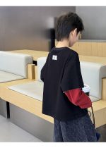 【100-160】長袖Tシャツ 男の子 シンプル 配色 レイヤード風 - 画像 (3)