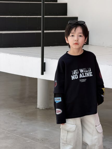 【100-170】長袖Tシャツ 男の子 韓国風 英字プリント 切り替え