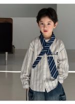 【100-150】長袖シャツ 男の子 配色ストライプ ネクタイデザイン - 画像 (3)