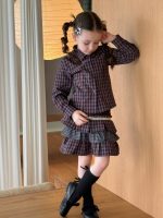 【90-140】2点セット 女の子 チェック柄シャツ&配色ティアードスカート - 画像 (3)