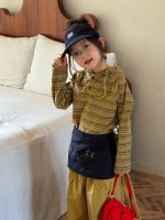 【100-160】長袖Tシャツ 女の子 ボーダー柄 フード付き カジュアル - 画像 (4)