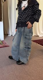 【100-160】デニムパンツ 女の子 ウォッシュ加工 ワイド カジュアル