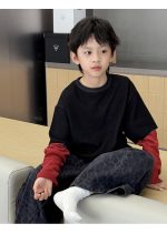【100-160】長袖Tシャツ 男の子 シンプル 配色 レイヤード風