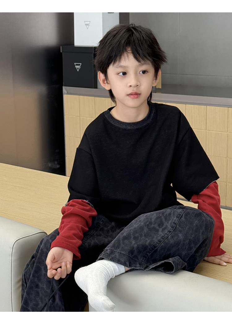 详情-02 (3) 【100-160】長袖Tシャツ 男の子 シンプル 配色 レイヤード風 - 画像 (1)