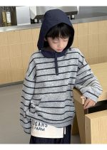 【100-160】パーカー 男の子 ボーダー柄 ゆったり カジュアル - 画像 (3)