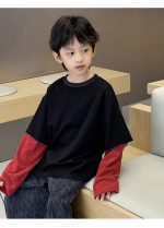 【100-160】長袖Tシャツ 男の子 シンプル 配色 レイヤード風 - 画像 (4)