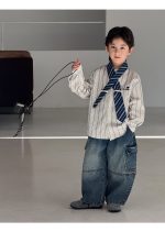 【100-150】長袖シャツ 男の子 配色ストライプ ネクタイデザイン - 画像 (5)