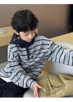 【100-160】パーカー 男の子 ボーダー柄 ゆったり カジュアル - 画像 (4)
