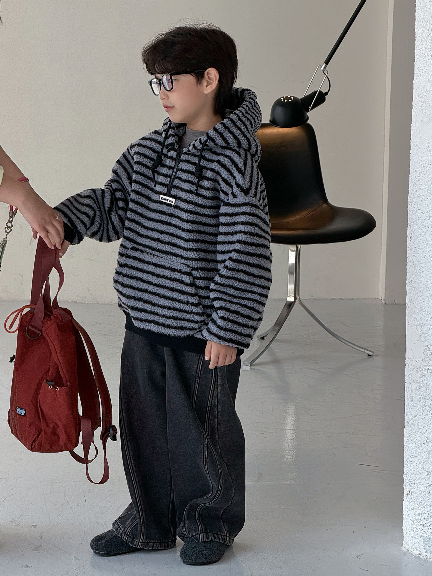 90-160】パーカー 男の子 ボーダー柄 フード付き もこもこ あったか
